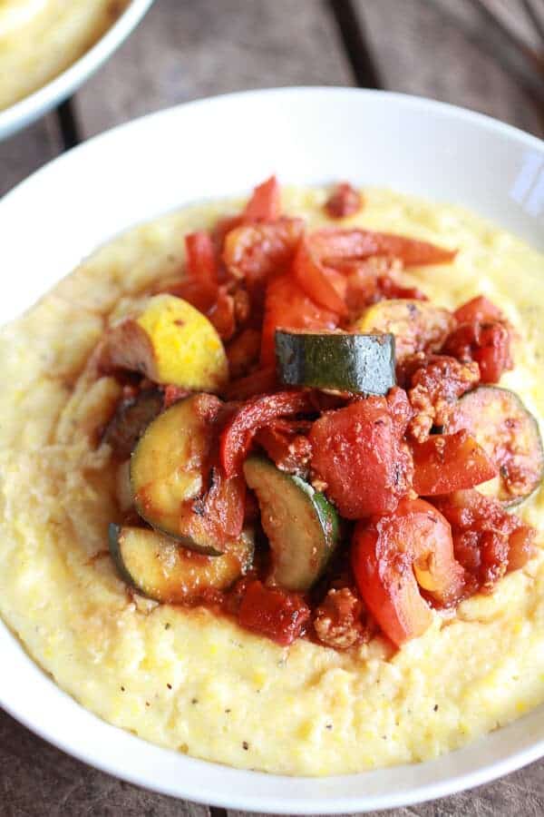 Ratatouille with Spicy Italian Chicken Sausage and Creamy Polenta | halfbakedharvest.com