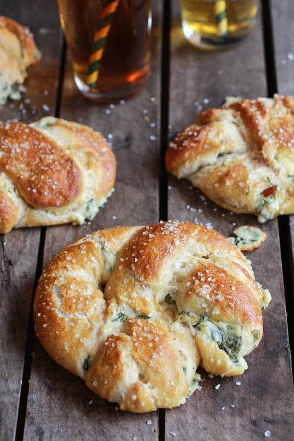 Spinach and Artichoke Stuffed Beer Soft Pretzels