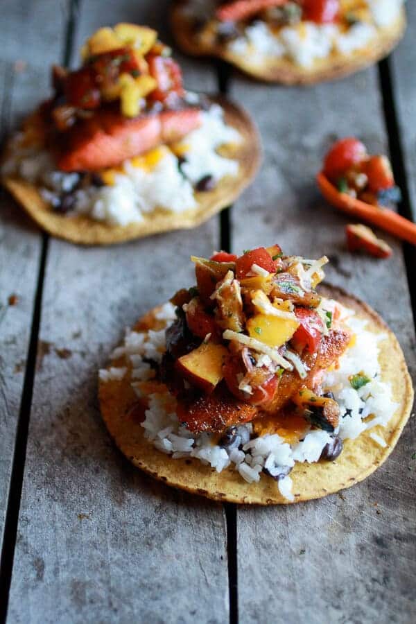 Caribbean Jerk Salmon Tostadas with Grilled Pineapple Peach Coconut Salsa | halfbakedharvest.com
