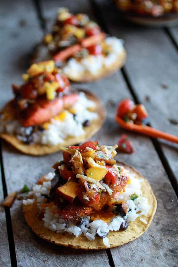 Caribbean Jerk Salmon Tostadas with Grilled Pineapple Peach Coconut Salsa | halfbakedharvest.com