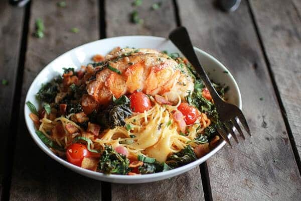 Brown Butter Lobster, Bacon + Crispy Kale and Fontina Pasta | halfbakedharvest.com