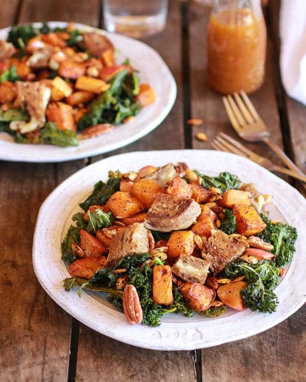 Crispy Kale Roasted Autumn Salad with Brie Grilled Cheese Croutons | halfbakedharvest.com
