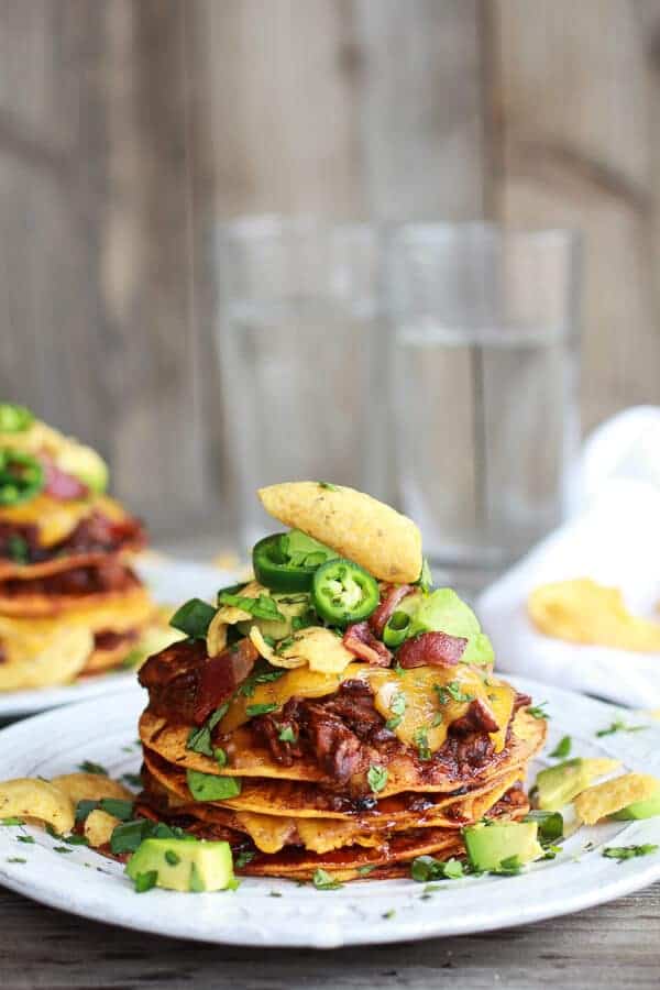 Crockpot Chicken Chili Con Carne Loaded Tostada Stacks | halfbakedharvest.com