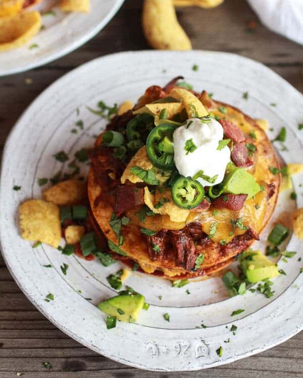 Crockpot Chicken Chili Con Carne Loaded Tostada Stacks | halfbakedharvest.com