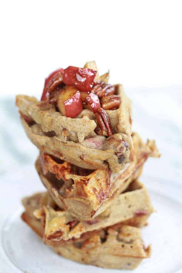 Roasted Apple Pecan and Brie Buckwheat Waffles with Bourbon Caramel Drizzle | halfbakedharvest.com