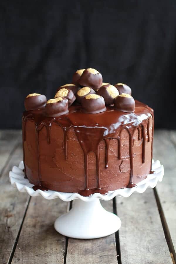 Ultimate Triple Layer Chocolate Bourbon Peanut Butter Buckeye Cake | halfbakedharvest.com