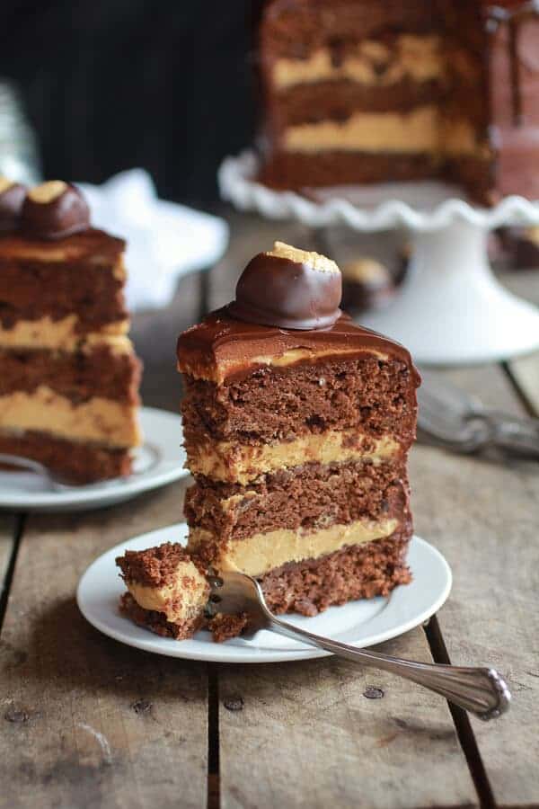 Ultimate Triple Layer Chocolate Bourbon Peanut Butter Buckeye Cake | halfbakedharvest.com