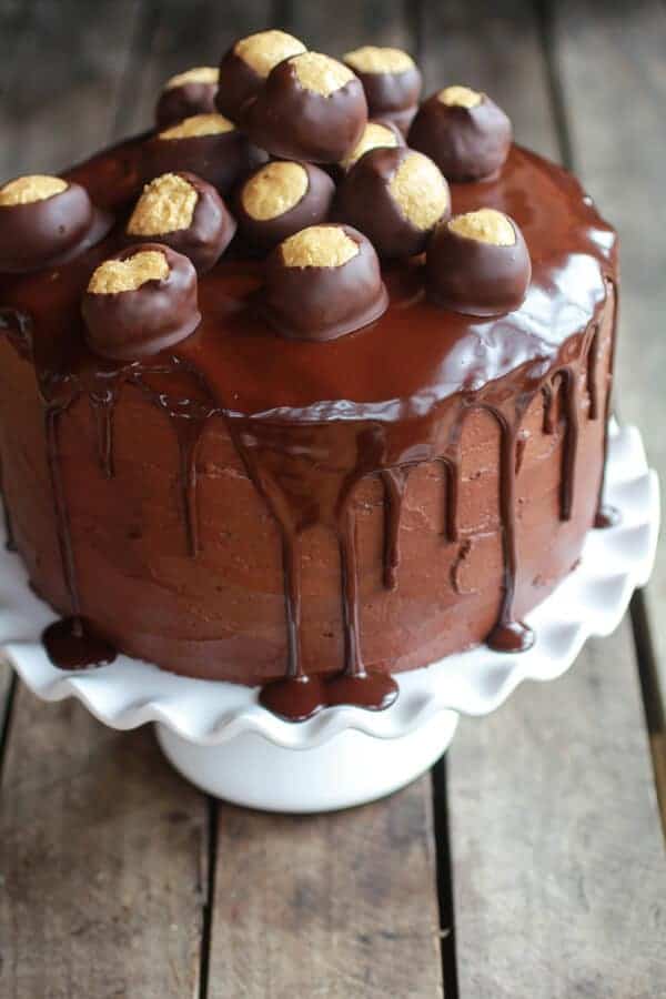 Ultimate Triple Layer Chocolate Bourbon Peanut Butter Buckeye Cake | halfbakedharvest.com