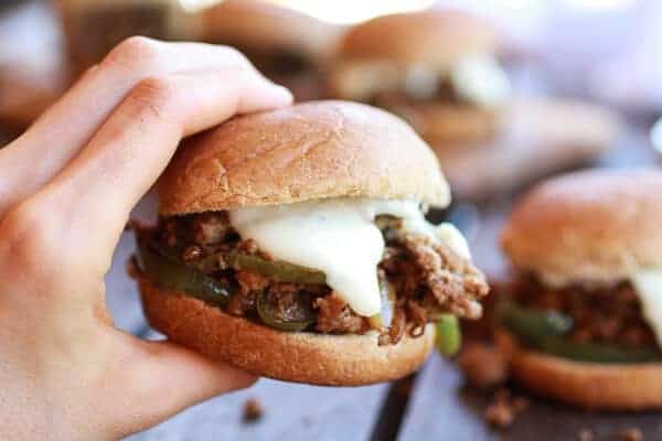 20 Minute Chicken Cheesesteak Sloppy Joe Sliders | halfbakedharvest.com