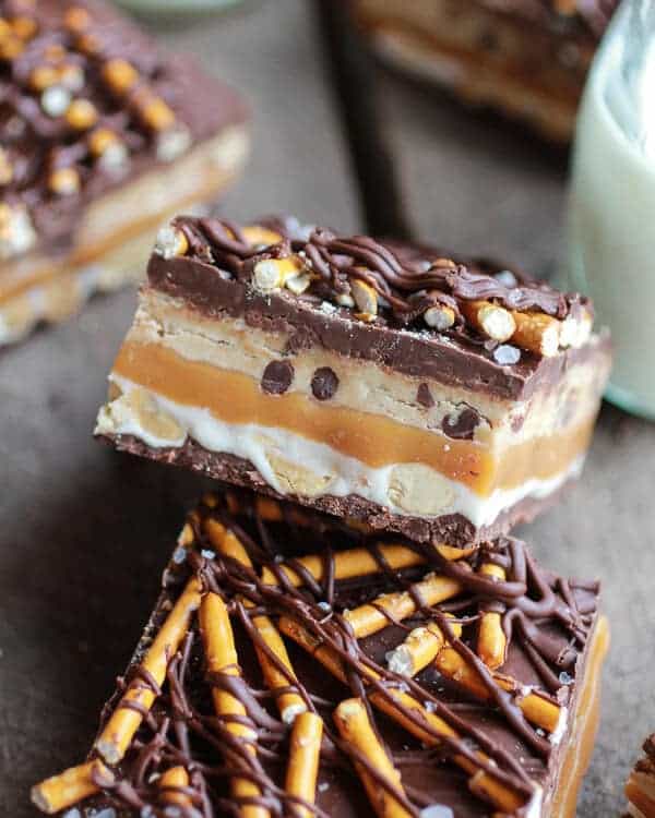 Salted Pretzel Chocolate Chip Cookie Dough Snickers Bars | halfbakedharvest.com