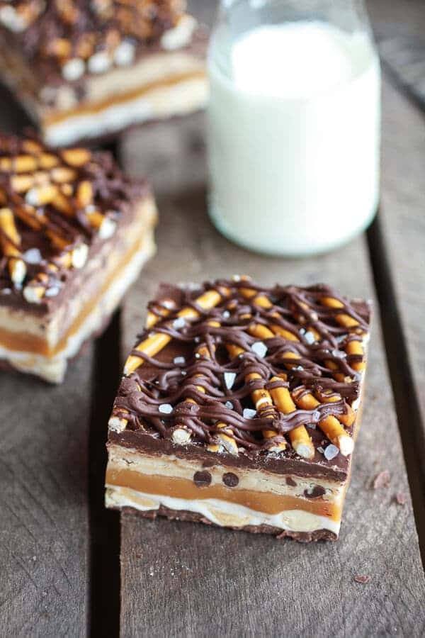 Salted Pretzel Chocolate Chip Cookie Dough Snickers Bars | halfbakedharvest.com