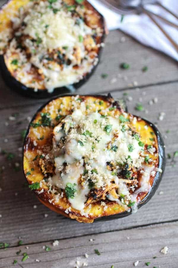 Chipotle Chicken Stuffed Brown Sugar Roasted Acorn Squash | halfbakedharvest.com