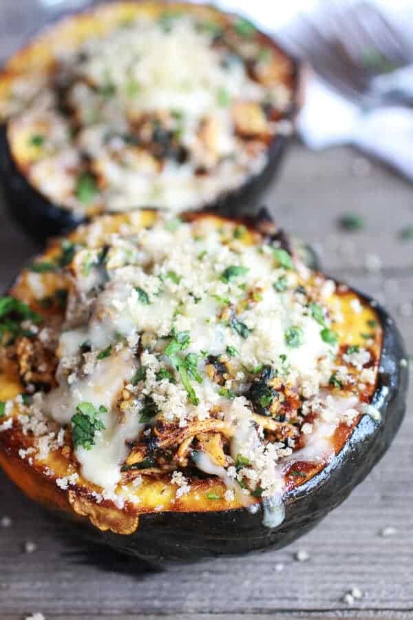 Chipotle Chicken Stuffed Brown Sugar Roasted Acorn Squash | halfbakedharvest.com
