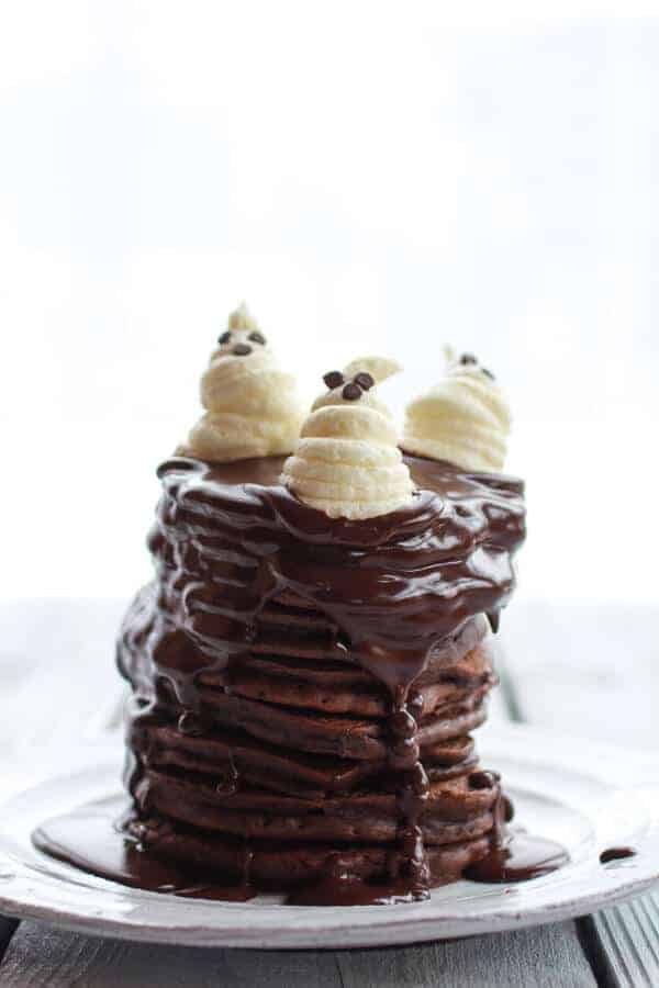 Chocolate Lovers Pumpkin Fudge Brownie Pancakes with Chocolate Kahlua Sauce | halfbakedharvest.com 