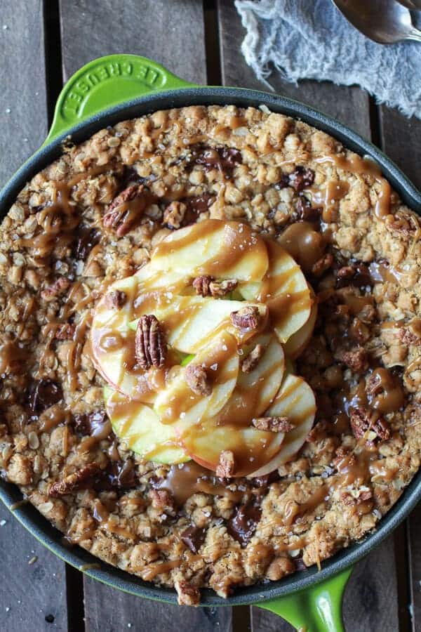Oatmeal Chocolate Chunk Salted Coffee Caramel Apple Skillet Cookie | .halfbakedharvest.com