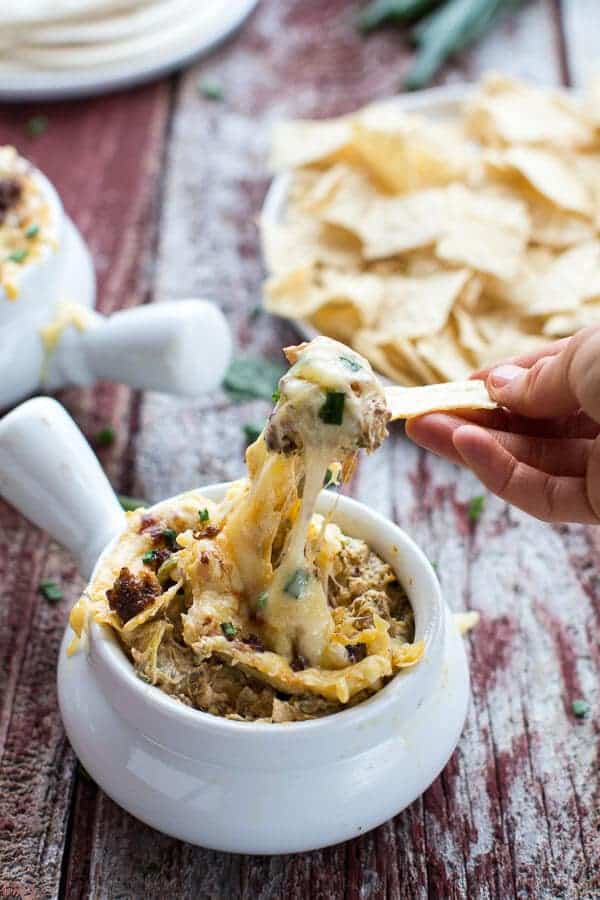 Cheesy Fontina Chorizo + Caramelized Onion and Artichoke Dip | halfbakedharvest.com