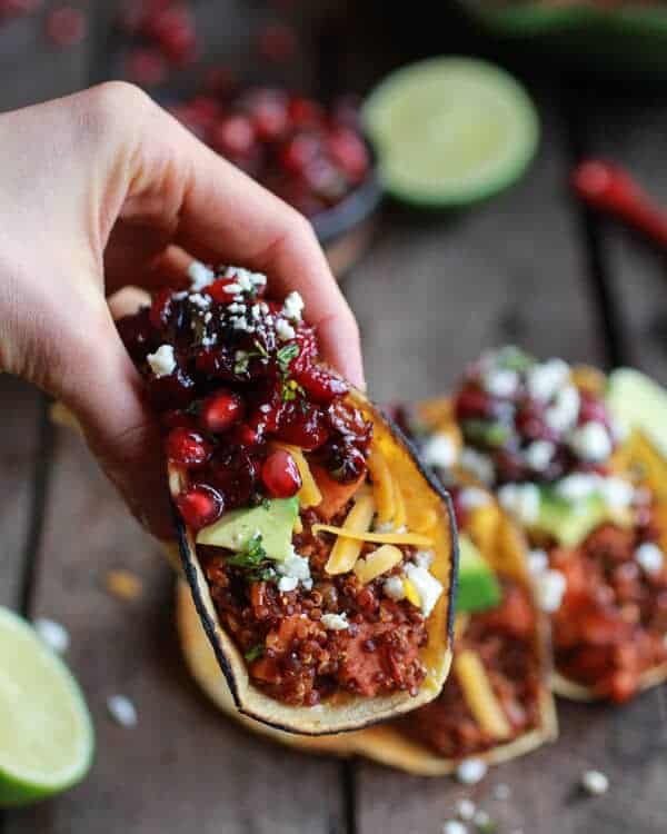 Chipotle Quinoa Sweet Potato Tacos with Roasted Cranberry Pomegranate Salsa | halfbakedharvest.com @hbharvest