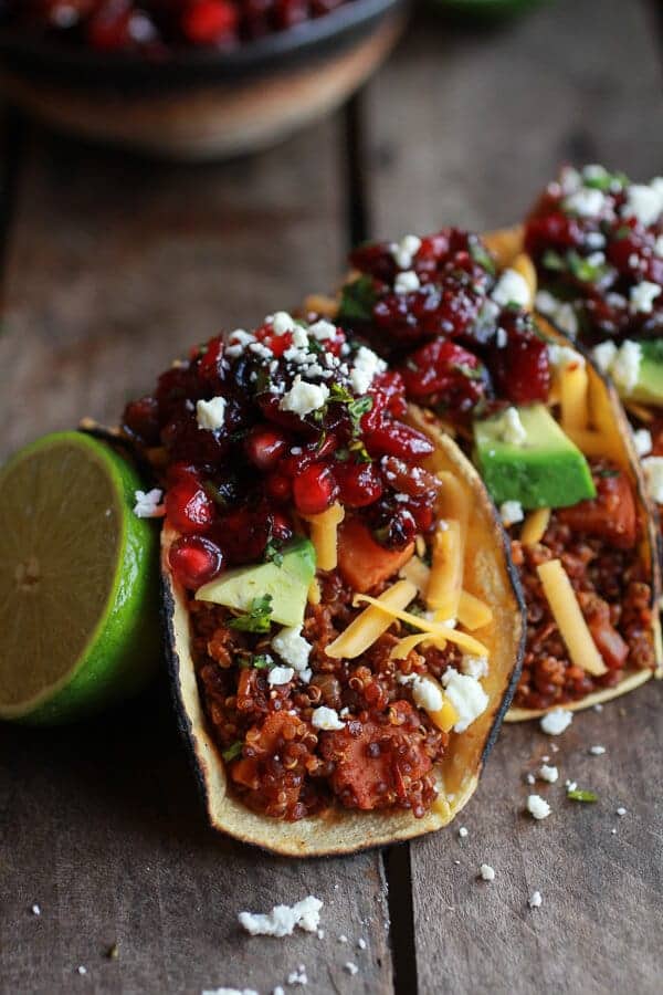 Chipotle Quinoa Sweet Potato Tacos with Roasted Cranberry Pomegranate Salsa | halfbakedharvest.com