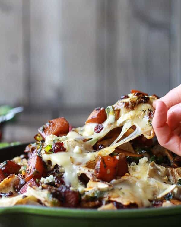 Cranberry, Butternut and Brussels Sprout Brie Skillet Nachos | halfbakedharvest.com