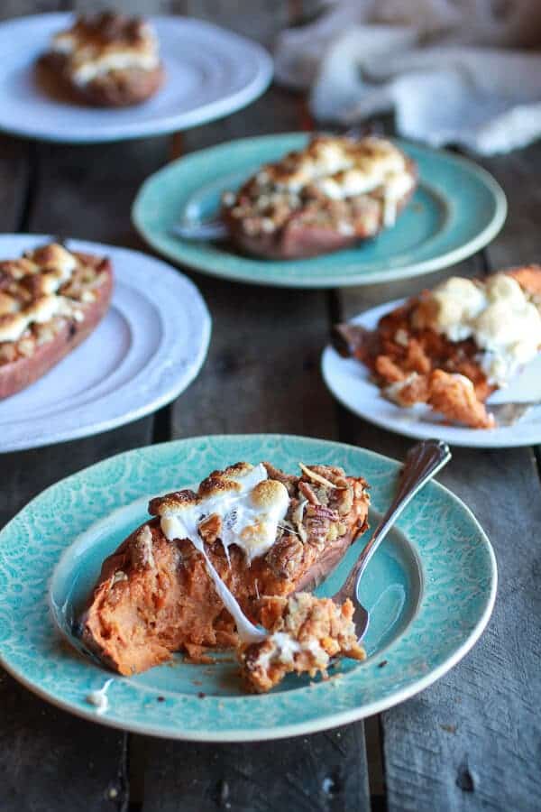 Healthier Sweet Potato Casserole Boats with Pecan Flax Crumble | halfbakedharvest.com