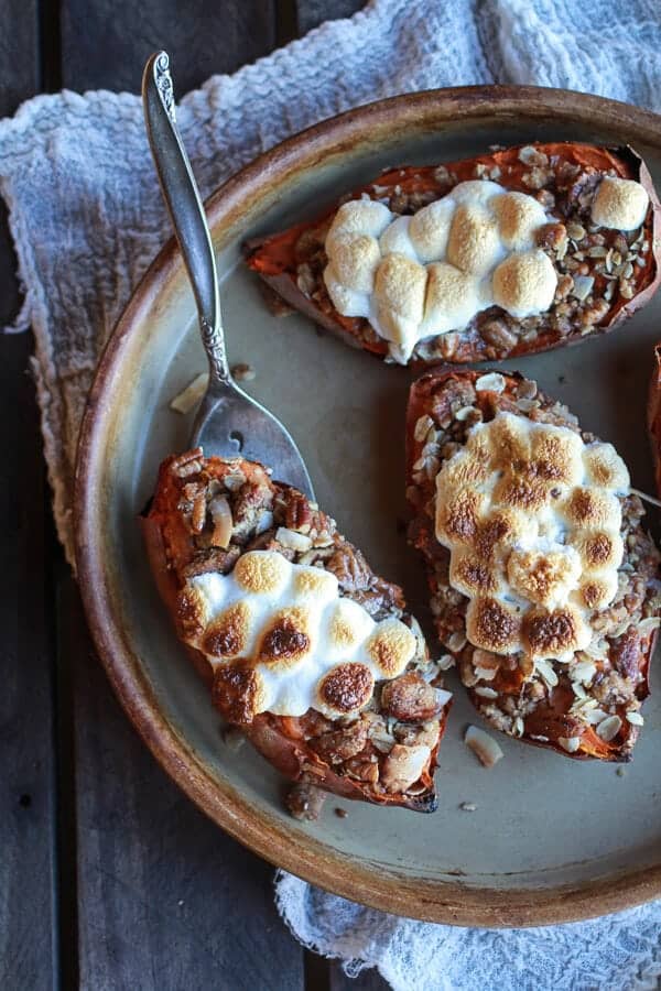 Healthier Sweet Potato Casserole Boats with Pecan Flax Crumble | halfbakedharvest.com