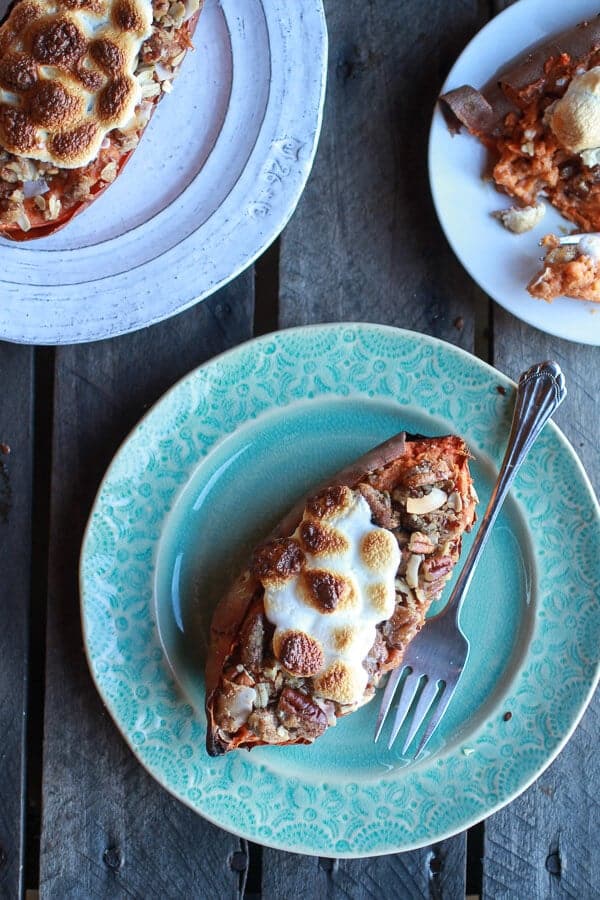 Healthier Sweet Potato Casserole Boats with Pecan Flax Crumble | halfbakedharvest.com