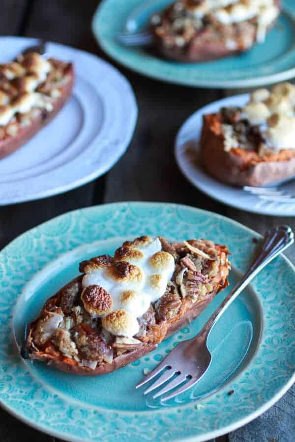 Healthier Sweet Potato Casserole Boats with Pecan Flax Crumble | halfbakedharvest.com