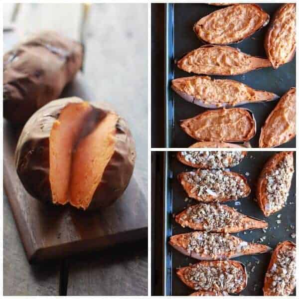 Healthier Sweet Potato Casserole Boats with Pecan Flax Crumble | halfbakedharvest.com