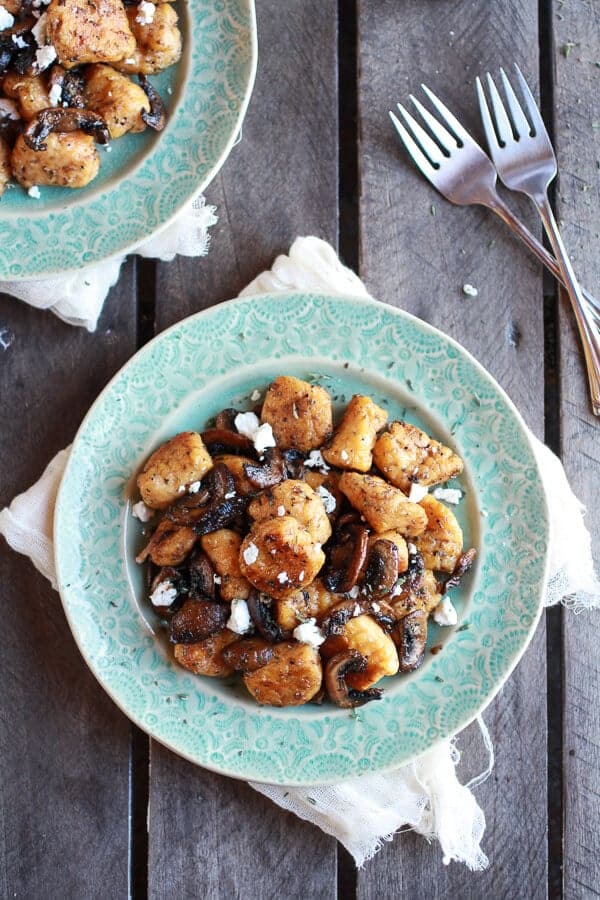 Crispy Brown Butter Sweet Potato Gnocchi with Balsamic Caramelized Mushrooms + Goat Cheese | halfbakedharvest.com