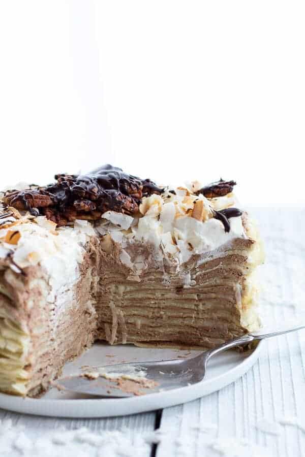 Toasted Coconut Cream Rum and Chocolate Mousse Crepe Cake | halfbakedharvest.com