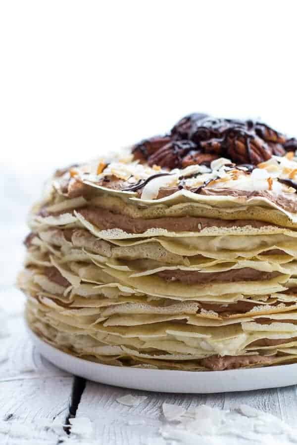 Toasted Coconut Cream Rum and Chocolate Mousse Crepe Cake | halfbakedharvest.com