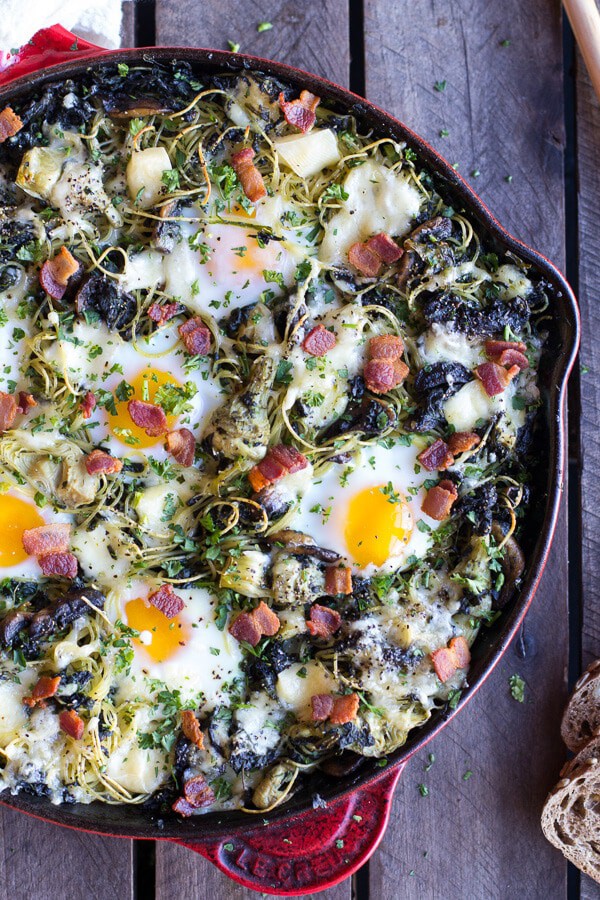Fontina Spinach and Artichoke Breakfast Pasta Hash | halfbakedharvest.com