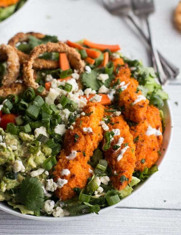 Buffalo Chicken + Blue Cheese Guacamole and Crunchy Baked Onion Ring Salad | halfbakedharvest.com