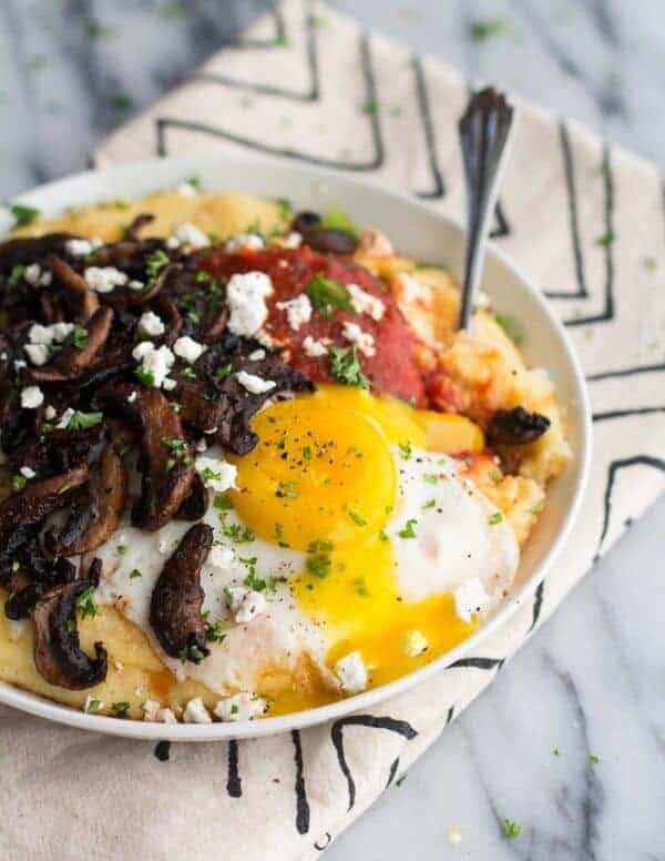 Polenta with Caramelized Mushrooms, Marinara + Fried Eggs and Goat Cheese | halfbakedharvest.com
