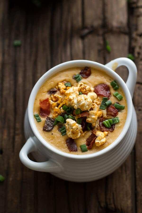 Cheddar Ale Soup with Chili Cheese Popcorn | halfbakedharvest.com