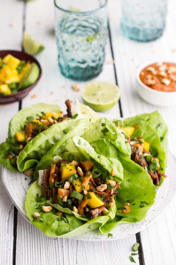 Crockpot Curried Thai Short Rib Lettuce Wraps with Peanut Sauce + Mango Salsa | halfbakedharvest.com @hbharvest