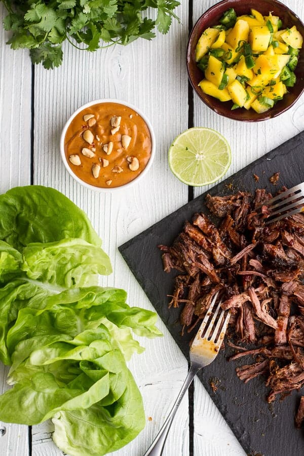 Crockpot Curried Thai Short Rib Lettuce Wraps with Peanut Sauce + Mango Salsa | halfbakedharvest.com