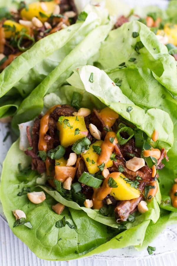 Crockpot Curried Thai Short Rib Lettuce Wraps with Peanut Sauce + Mango Salsa | halfbakedharvest.com