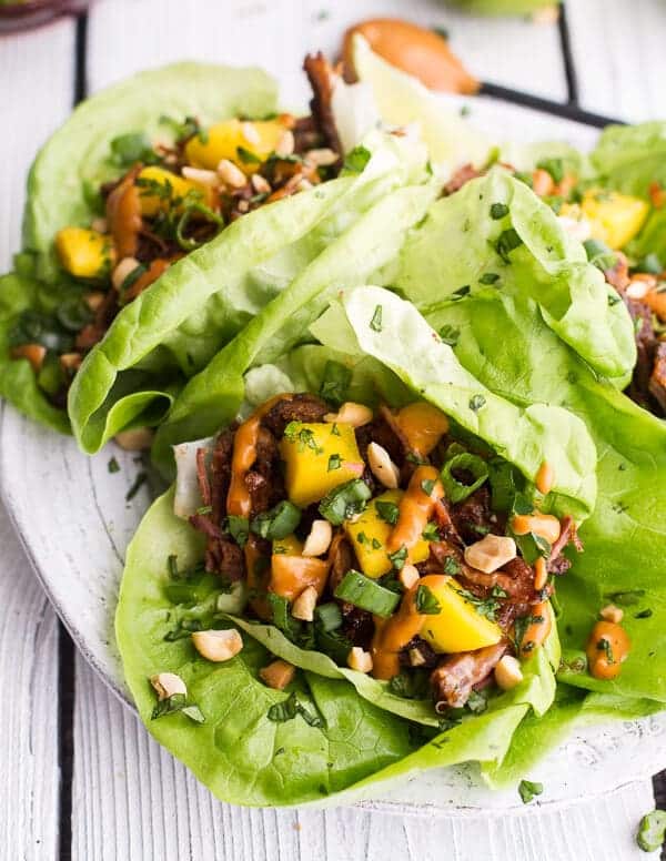 Crockpot Curried Thai Short Rib Lettuce Wraps with Peanut Sauce + Mango Salsa | halfbakedharvest.com