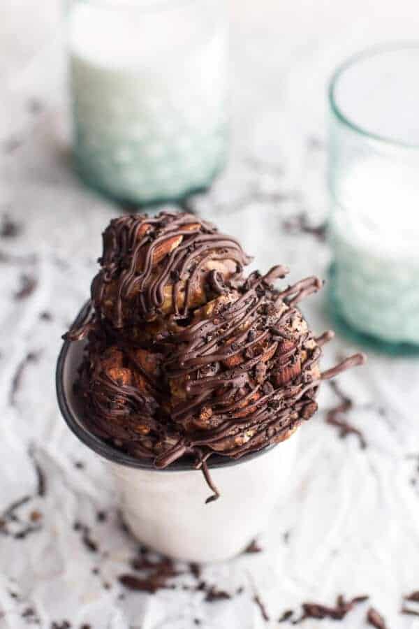 Dark Chocolate Covered Coffee Roasted Almond and Peanut Butter Oatmeal Bites | halfbakedharvest.com