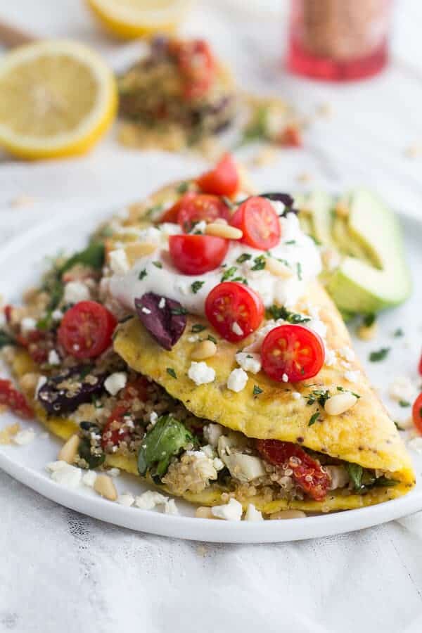 Mad Greek Quinoa Dinner Omelets with Feta and Tzatziki | halfbakedharvest.com