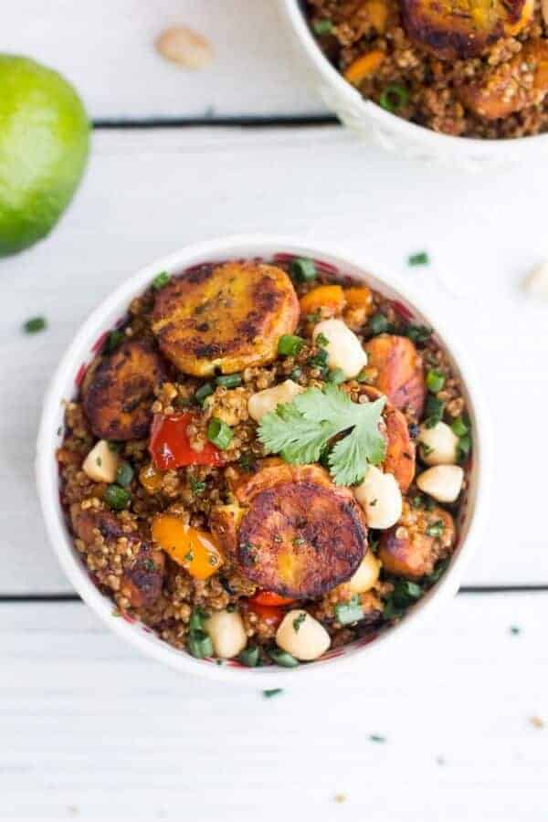 Jamaican Jerk Chicken, Fried Plantain and Coconut Fried Quinoa with Macadamia Nuts | halfbakedharvest.com