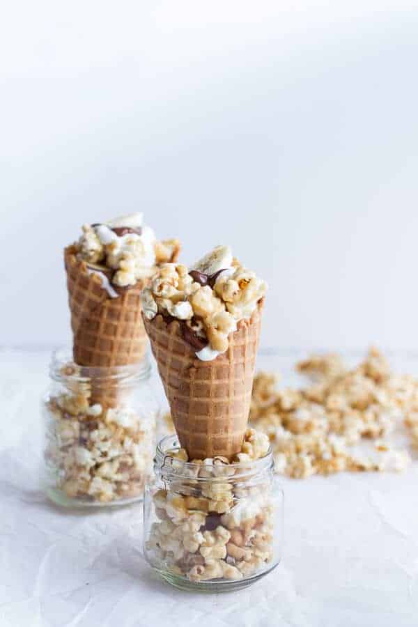 Banoffee + Nutella Greek Yogurt Waffle Cone Parfaits with Cashew Caramel Popcorn | halfbakedharvest.com