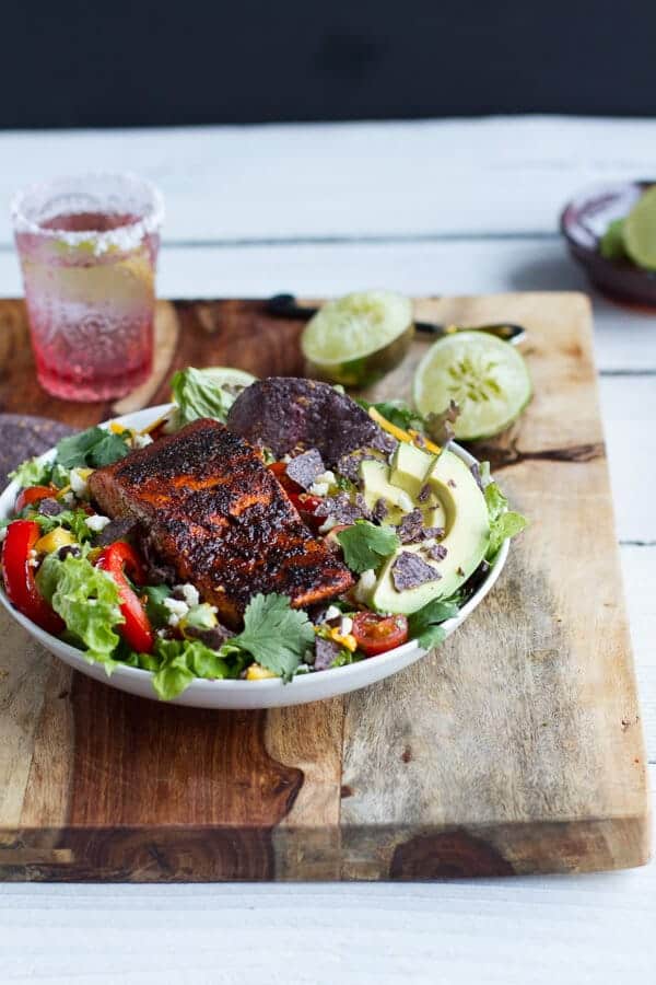 Chile Lime Salmon Fajita Salad with Cilantro Lime Vinaigrette | halfbakedharvest.com