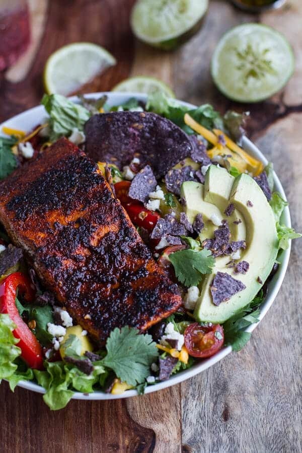 Chile Lime Salmon Fajita Salad with Cilantro Lime Vinaigrette | halfbakedharvest.com