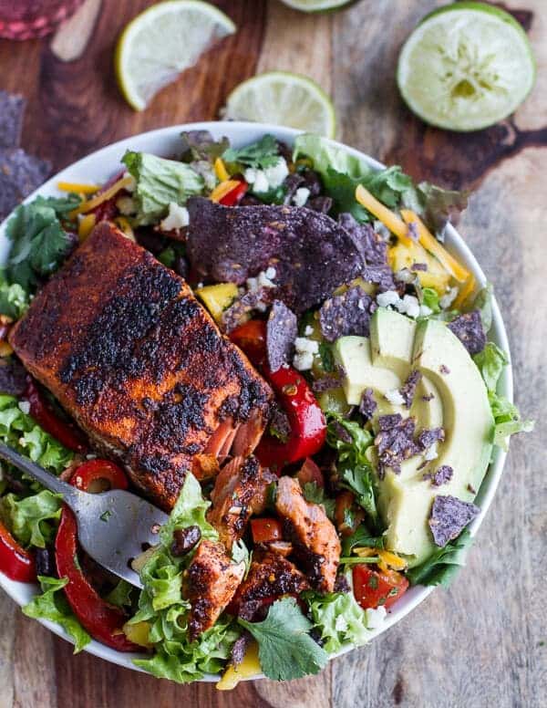 Chile Lime Salmon Fajita Salad with Cilantro Lime Vinaigrette | halfbakedharvest.com