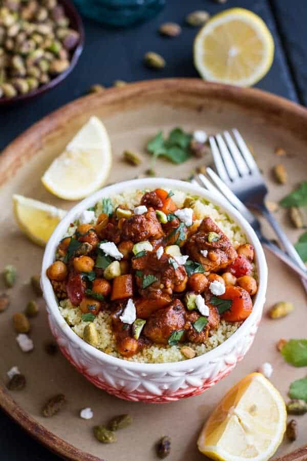 One Pot Moroccan Chicken + Chickpeas with Pistachio Couscous and Goat Cheese | halfbakedharvest.com