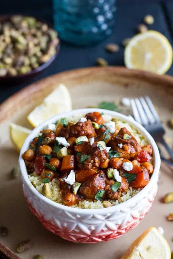 One Pot Moroccan Chicken + Chickpeas with Pistachio Couscous and Goat Cheese | halfbakedharvest.com