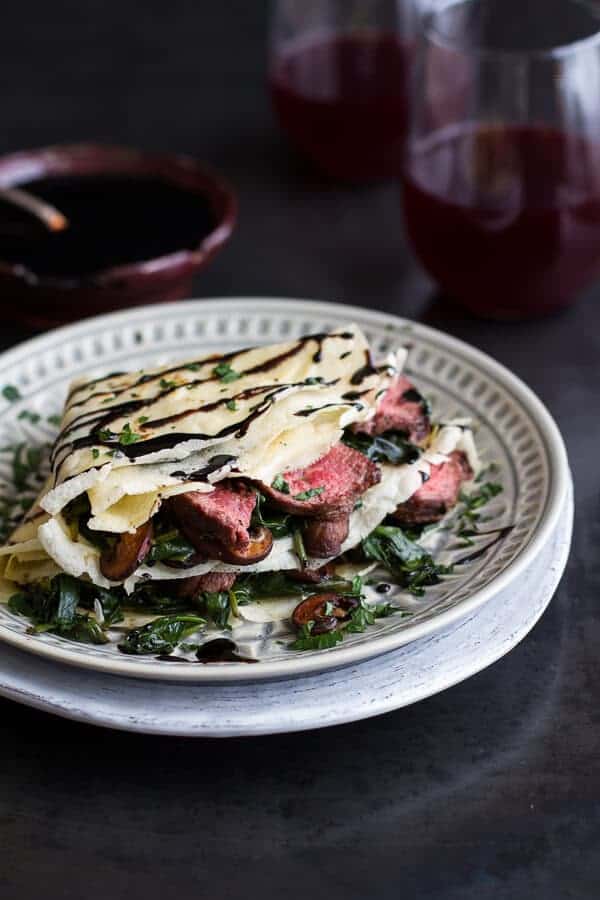 Steak, Spinach and Mushroom Crepes with Balsamic Glaze | halfbakedharvest.com