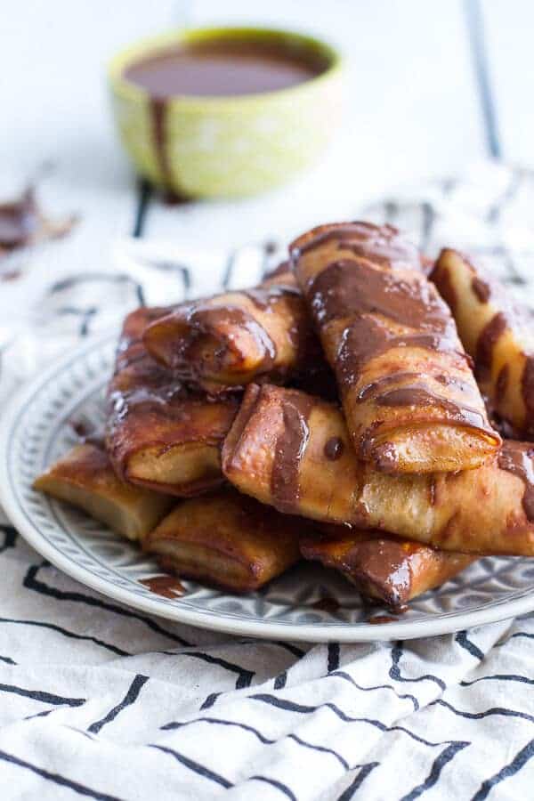 Sweet Banana Lumpia with Milk Chocolate Toasted Coconut Butter | halfbakedharvest.com